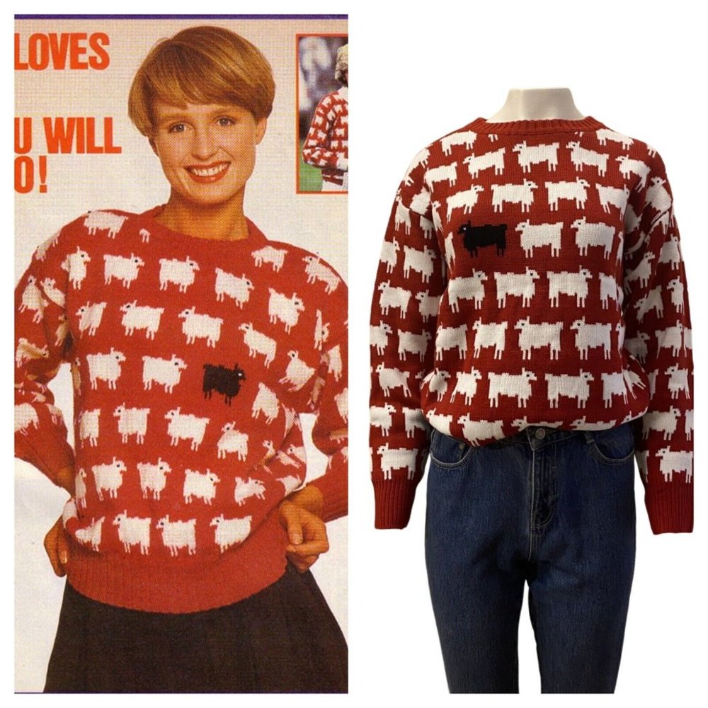 Red Crewneck Sweater with White Sheep Pattern